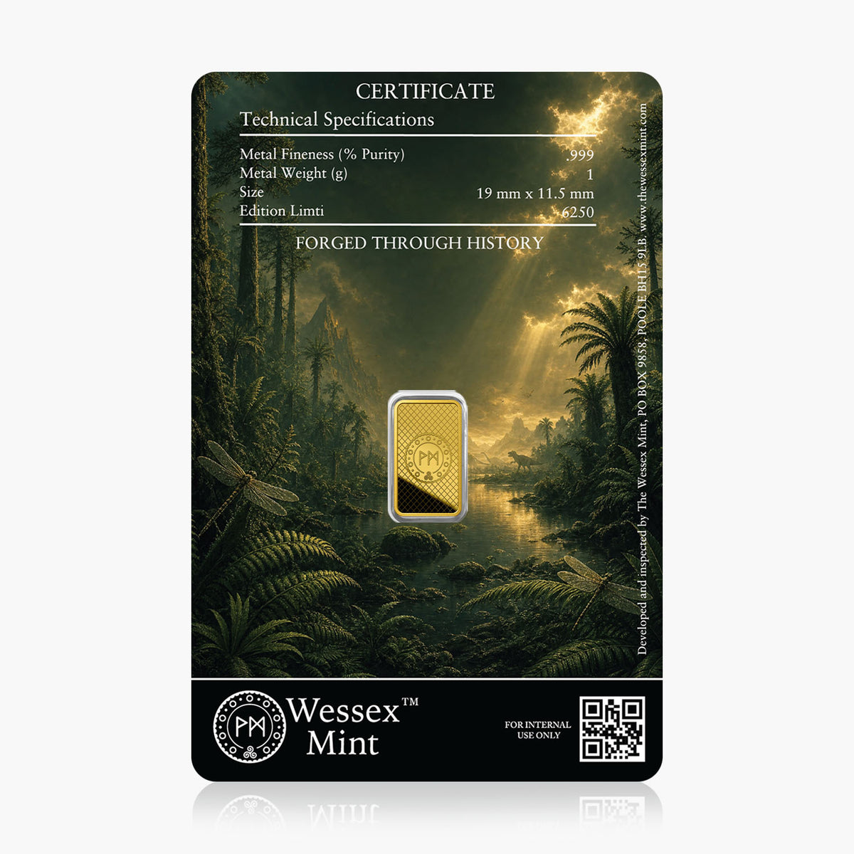 1g Tyrannosaurus Rex Fine Gold Bar